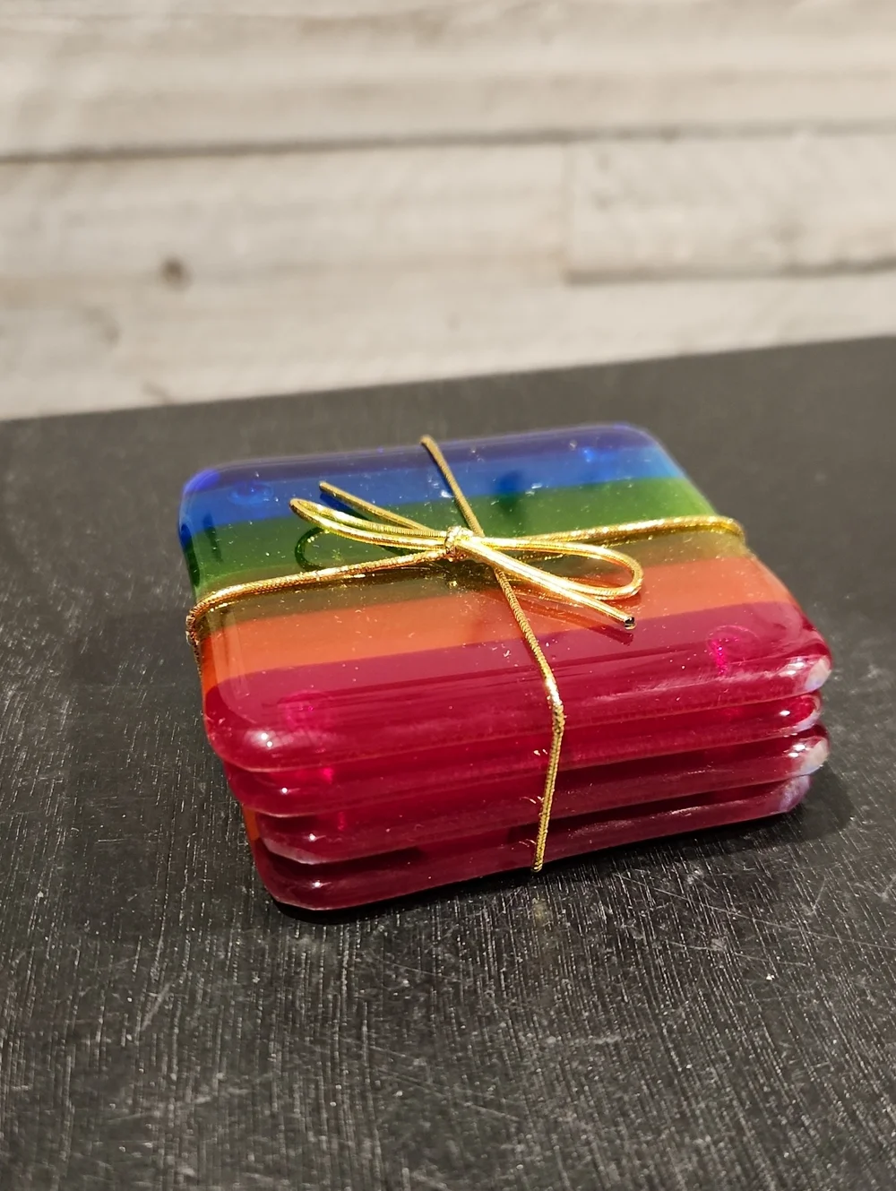 EUC SET OF 4 Rainbow Fused Glass Art Coasters